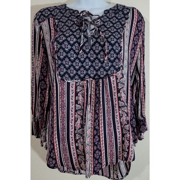Cato Blue Pink Hi Low Hem Multi Print Top Medium Tie On Cuff Of Sleeve Soft - Picture 1 of 6